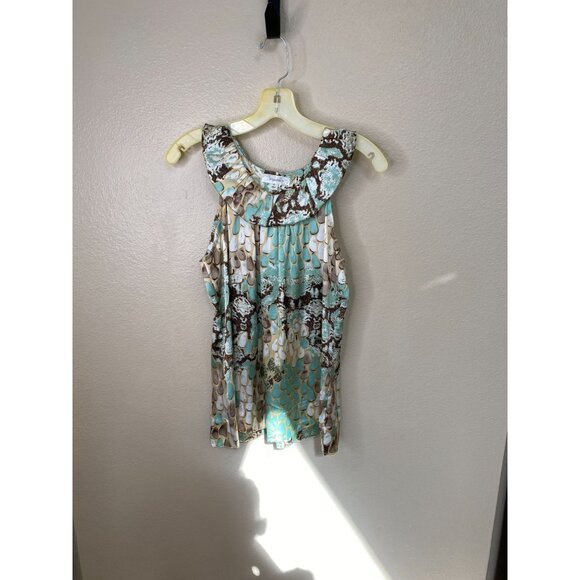 Dressbarn Womens Sleeveless Abstract Print Blouse Top Small Teal/Brown/Beige - Picture 1 of 7